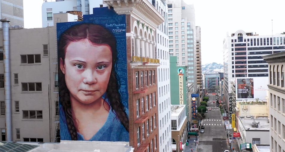 video drone a San Francisco murales Greta lockdown coronavirus